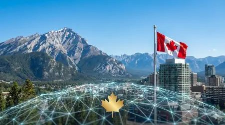 A realistic Canadian landscape featuring a modern city, mountains, the national flag, and a glowing digital network overlay, illustrating the ultimate G7 destination for founders asking do I need a license for a crypto startup in 2026.