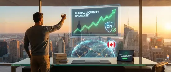 A successful Web3 founder celebrating global liquidity and Tier-1 bank approval, visualizing the ultimate reward of meeting strict crypto compliance requirements 2026 by securing a Ready-Made Canadian MSB.