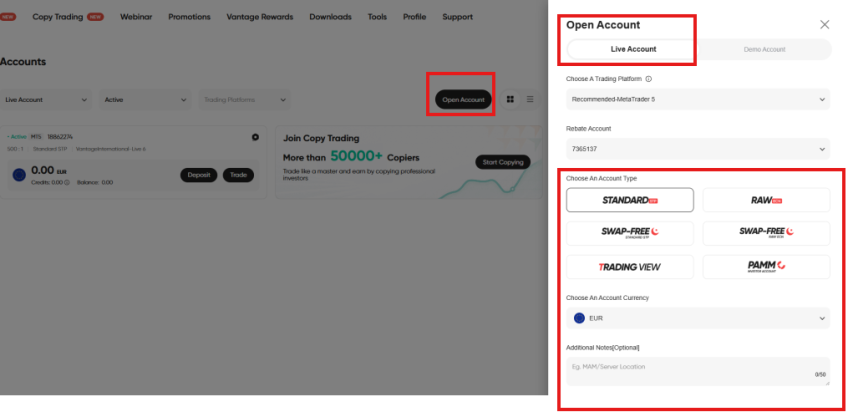 How To Use Vantage Markets open account