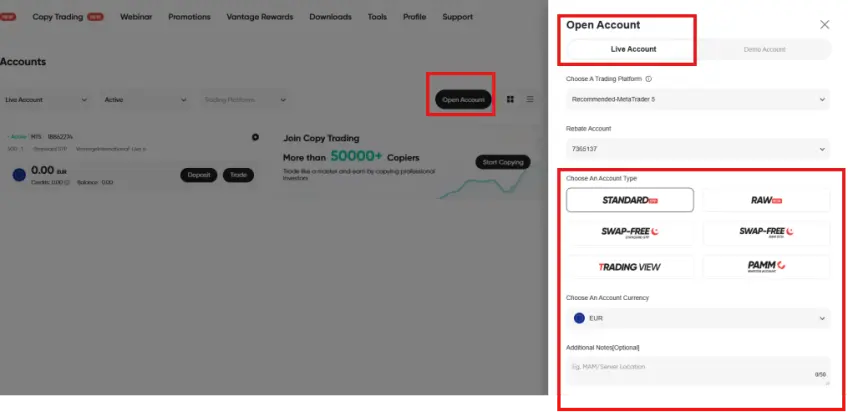 How To Use Vantage Markets open account