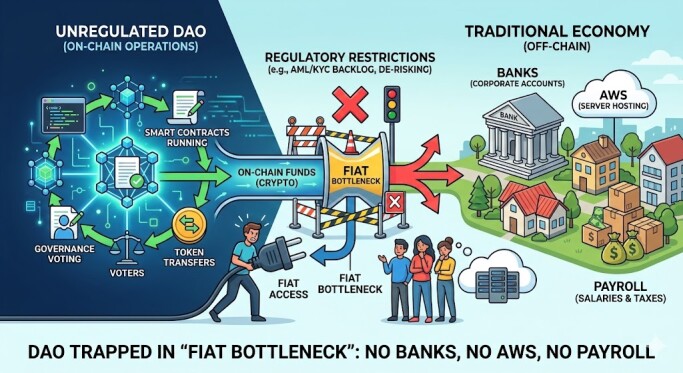Infographic illustrating the 'Fiat Bottleneck' problem where an unregulated DAO or DeFi protocol fails to pay real-world expenses like AWS and payroll without a compliant fiat-to-crypto bridge and MSB license.