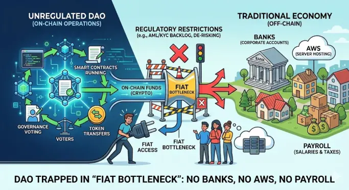 Infographic illustrating the 'Fiat Bottleneck' problem where an unregulated DAO or DeFi protocol fails to pay real-world expenses like AWS and payroll without a compliant fiat-to-crypto bridge and MSB license.
