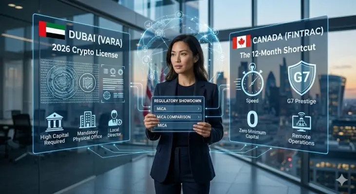 Web3 CEO Sarah Jenkins analyzing holographic data in a modern office, comparing the bureaucratic 'Dubai VARA' vs 'Canada FINTRAC' crypto licenses for her DeFi startup in 2026.