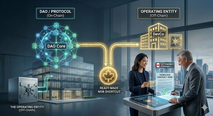 Conceptual diagram illustrating the DAO dual structure, where a decentralized protocol's on-chain governance and smart contracts remain untouched, while a Canadian MSB Operating Entity (DevCo) acts as a compliant fiat bridge, securing banking access and G7 prestige in 2026.