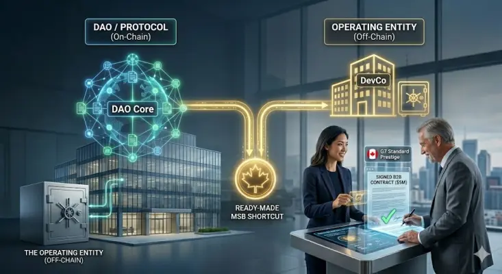 Conceptual diagram illustrating the DAO dual structure, where a decentralized protocol's on-chain governance and smart contracts remain untouched, while a Canadian MSB Operating Entity (DevCo) acts as a compliant fiat bridge, securing banking access and G7 prestige in 2026.