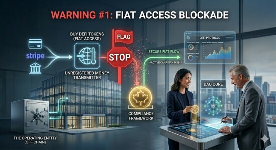 Conceptual diagram illustrating the 'Warning Sign #1' where an unregulated DeFi protocol faces a red fiat access blockade by payment processors without an active Canadian MSB wrapper. Sarah Jenkins CEO bypasses it with the Maple Leaf shortcut token.