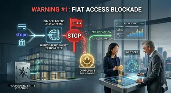Conceptual diagram illustrating the 'Warning Sign #1' where an unregulated DeFi protocol faces a red fiat access blockade by payment processors without an active Canadian MSB wrapper. Sarah Jenkins CEO bypasses it with the Maple Leaf shortcut token.
