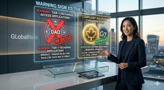 Conceptual diagram showing Warning Sign #2: Tier-1 crypto exchanges like Binance and Kraken rejecting token listings from faceless DAOs, contrasted with an approved application using a Canadian MSB G7 compliance wrapper.
