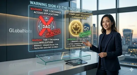 Conceptual diagram showing Warning Sign #2: Tier-1 crypto exchanges like Binance and Kraken rejecting token listings from faceless DAOs, contrasted with an approved application using a Canadian MSB G7 compliance wrapper.
