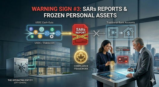 Conceptual photograph of diversified Web3 CEO Sarah Jenkins, concerned and rubbing her temples in her dusk Toronto office. A holographic display,