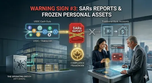 Conceptual photograph of diversified Web3 CEO Sarah Jenkins, concerned and rubbing her temples in her dusk Toronto office. A holographic display,