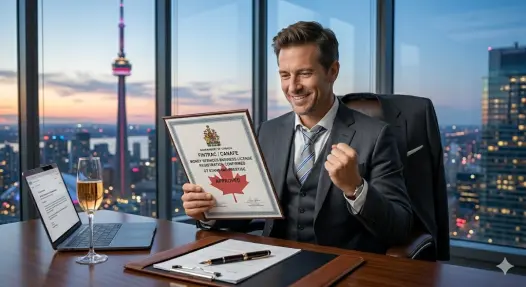 Relieved Web3 executive celebrating in a Toronto office at dusk, holding an approved Canadian MSB license from FINTRAC, secured through Chainnova Finance for his crypto startup in 2026.