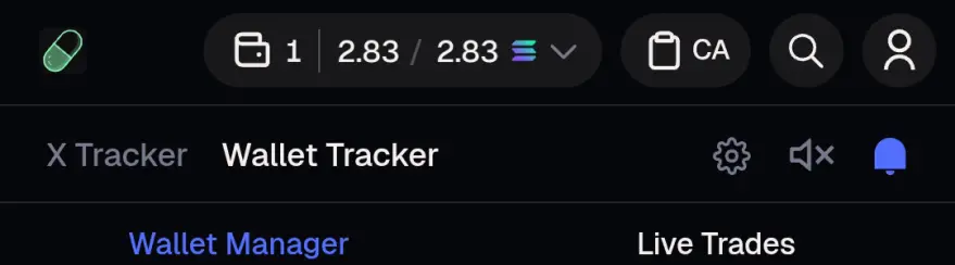 A view of the Wallet Tracker dashboard showcasing grouped wallets within the Wallet Manager. The image also shows the Live Trades trades tab, which displays the activity of the wallets you are tracking.