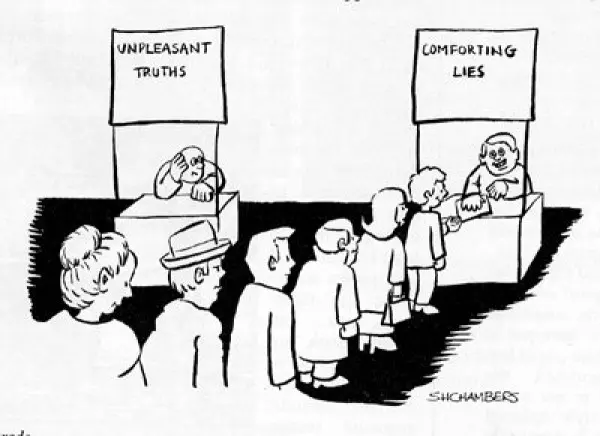 cartoon hsowing long queue for conforting lies and empty truth stall