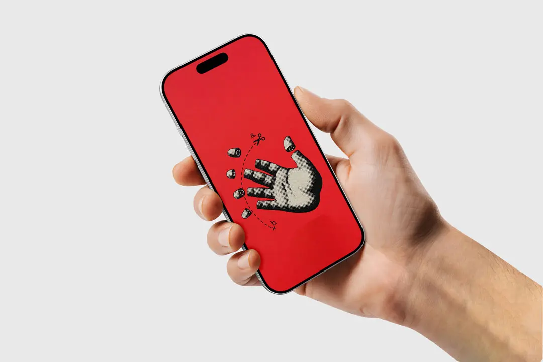 A bold surreal illustration of a hand with cut fingers, symbolizing creativity, control, and illusion. Minimal red background enhances the striking visual impact and artistic depth.