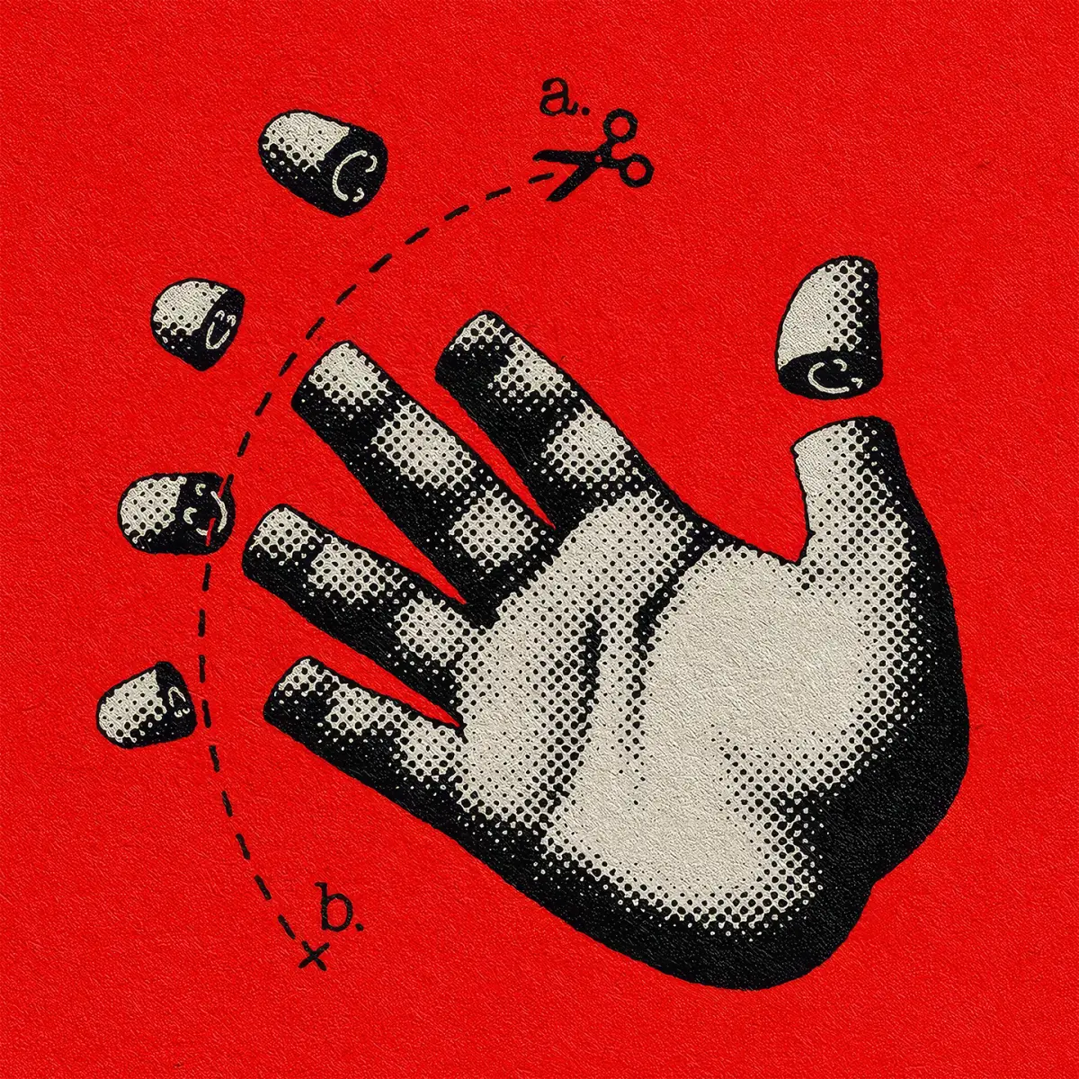 Bold surreal halftone hand illustration with floating fingertips on vibrant red background. Modern abstract art with scissors detail — perfect minimalist phone wallpaper for iPhone & Android.