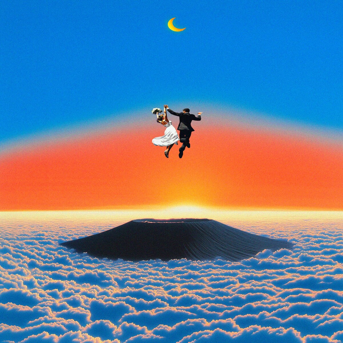 Stunning surreal wallpaper of a joyful bride and groom floating hand-in-hand above endless clouds with a majestic mountain peak and golden sunset. Perfect dreamy background for romantic lovers.