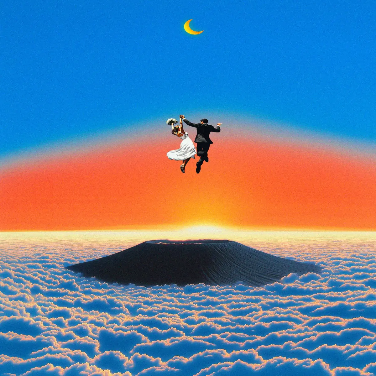 Stunning surreal wallpaper of a joyful bride and groom floating hand-in-hand above endless clouds with a majestic mountain peak and golden sunset. Perfect dreamy background for romantic lovers.