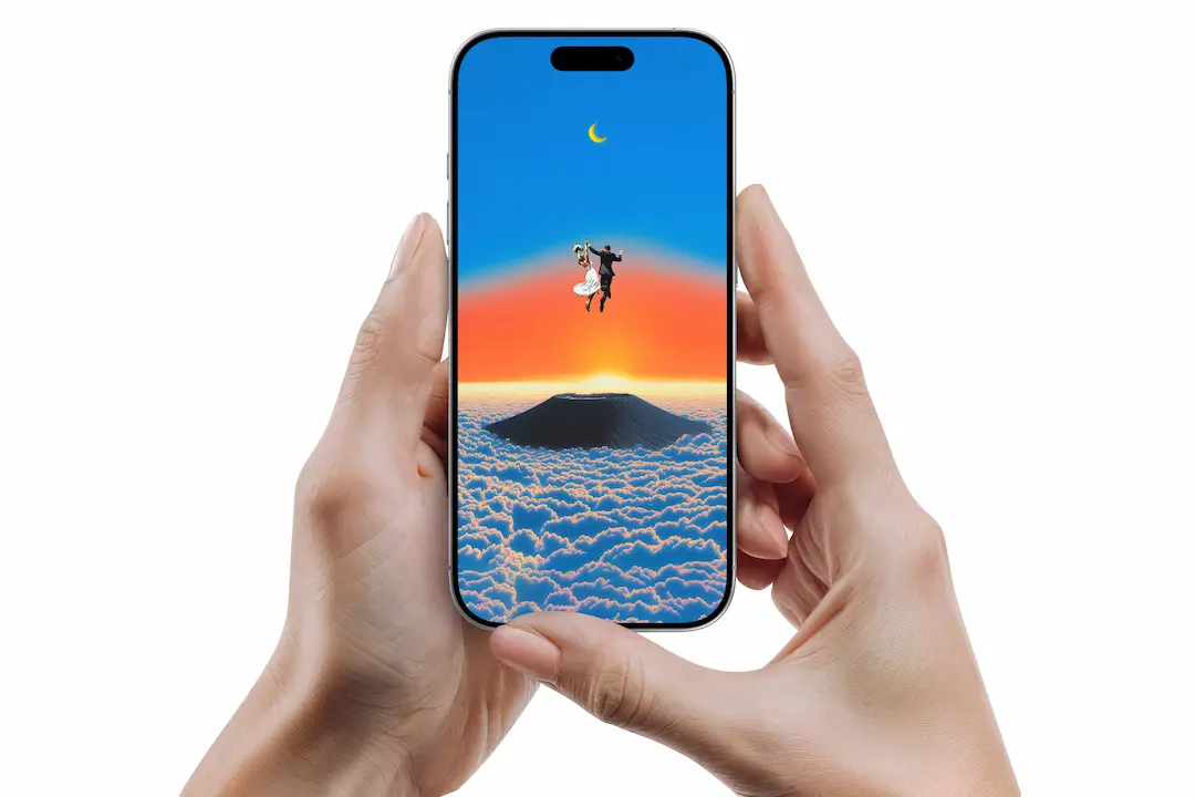 A dreamy romantic wallpaper featuring a flying couple above glowing clouds, sunrise colors, and a crescent moon. Perfect for love, wedding, and surreal sky art fans.