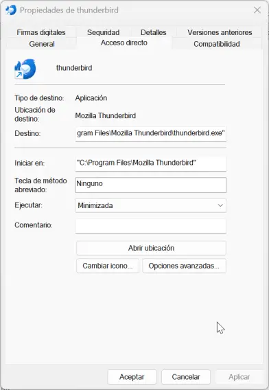 Cambiar propiedades de Thunderbird