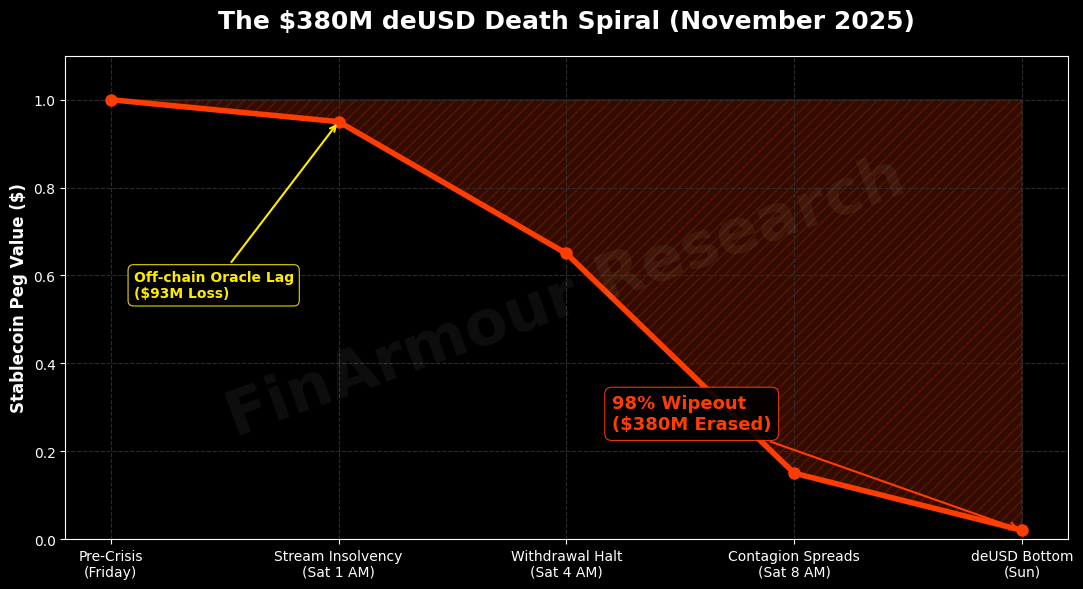Data visualization depicting the $380 million deUSD stablecoin death spiral in November 2025, detailing its flash crash from a $1.00 peg to $0.02 due to off-chain oracle lag and DeFi contagion.