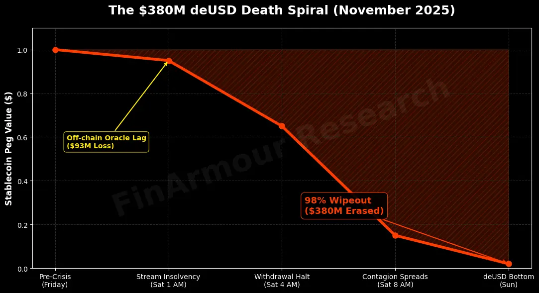 Data visualization depicting the $380 million deUSD stablecoin death spiral in November 2025, detailing its flash crash from a $1.00 peg to $0.02 due to off-chain oracle lag and DeFi contagion.