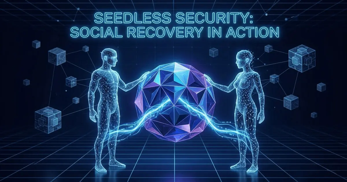 Visual representation of Social Recovery and Account Abstraction showing multiple avatars securing a central digital wallet.