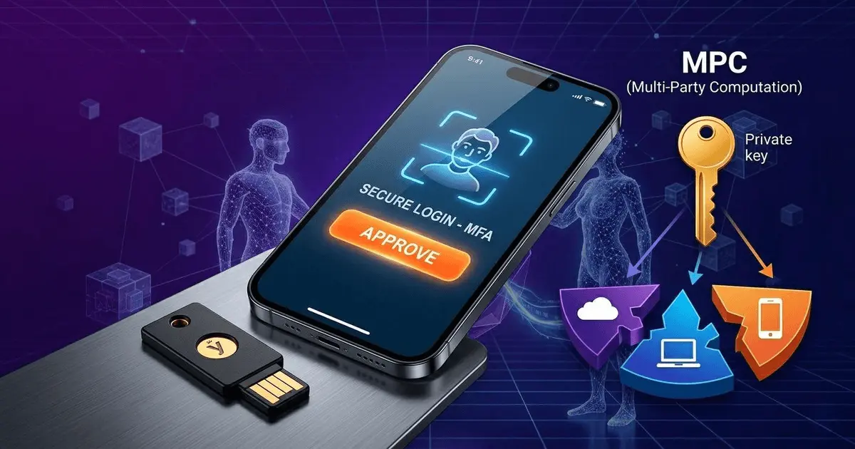 Digital illustration of MPC security splitting a private key across multiple devices alongside a physical Yubikey for 2FA.