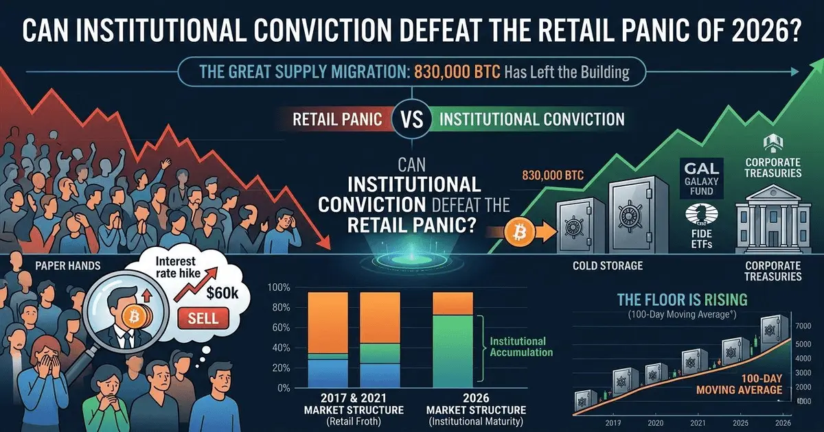 An infographic showing retail traders panicking over Bitcoin price dips to $60k vs. institutions accumulating BTC for long-term cold storage with a 6:1 absorption ratio.
