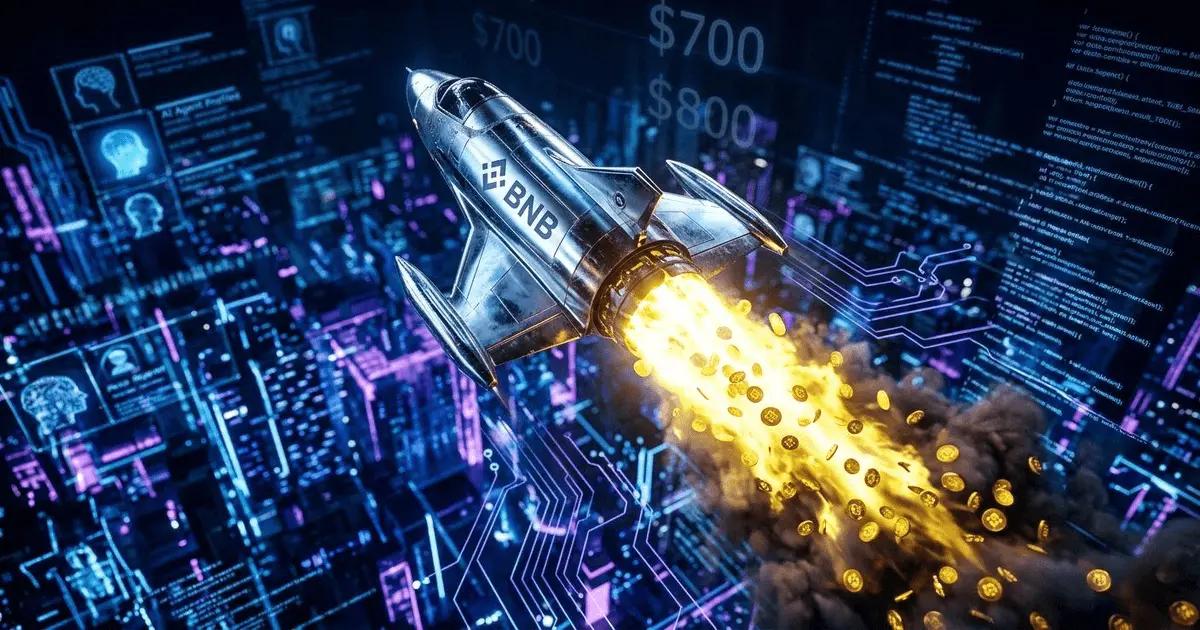 A futuristic spacecraft powered by burning BNB tokens ascending towards 700 dollar price targets through a cybernetic AI landscape.