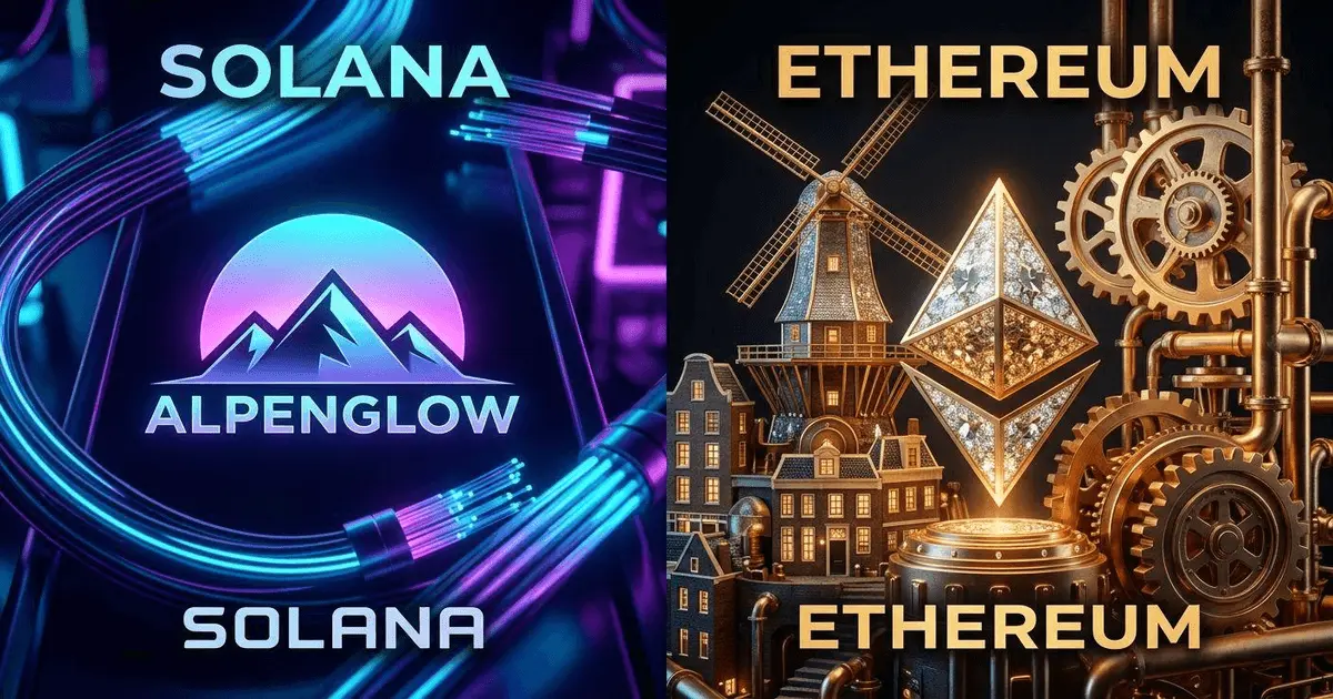 A split-screen digital art piece comparing Solana Alpenglow's neon mountain aesthetic with Ethereum Glamsterdam's steampunk golden windmill city.
