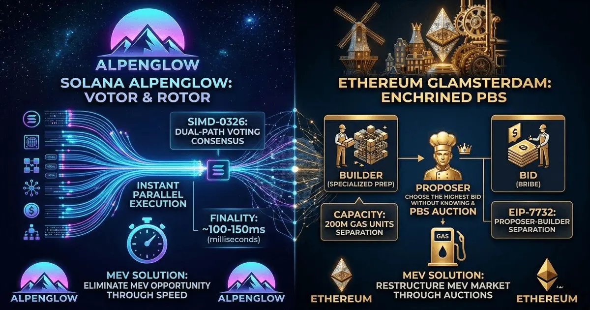 Detailed infographic comparing Solana's Votor & Rotor consensus (100ms finality) with Ethereum's Enshrined PBS (200M gas units) to solve MEV.