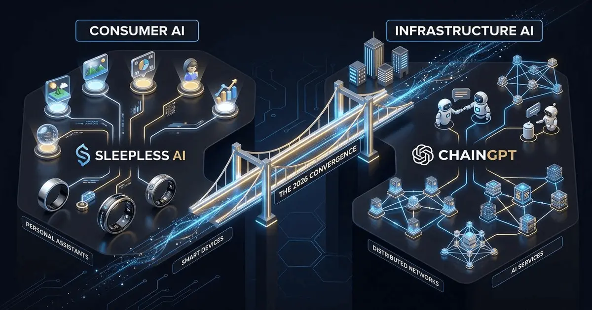 A cinematic representation of Artificial Intelligence fusion with Bitcoin and Solana on a futuristic trading floor.