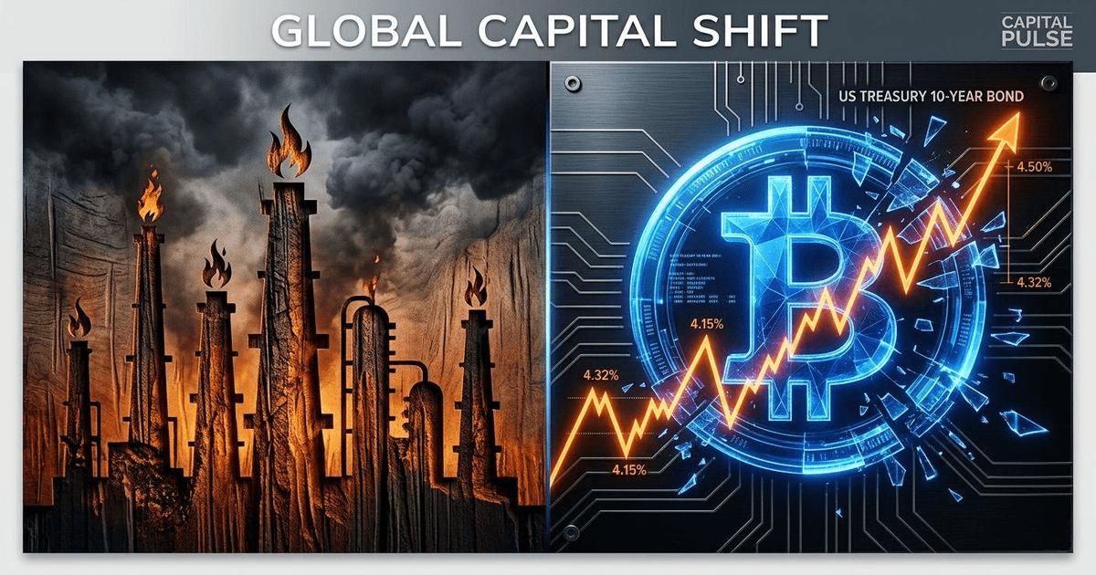 A split financial artwork showing burning oil refineries on the left and a shattering digital Bitcoin symbol overridden by a spiking orange 10-year US Treasury bond chart on the right.
