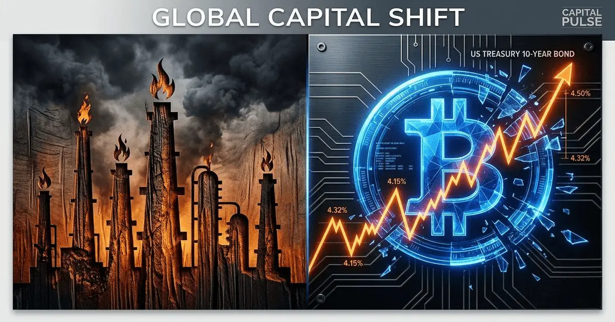 A split financial artwork showing burning oil refineries on the left and a shattering digital Bitcoin symbol overridden by a spiking orange 10-year US Treasury bond chart on the right.