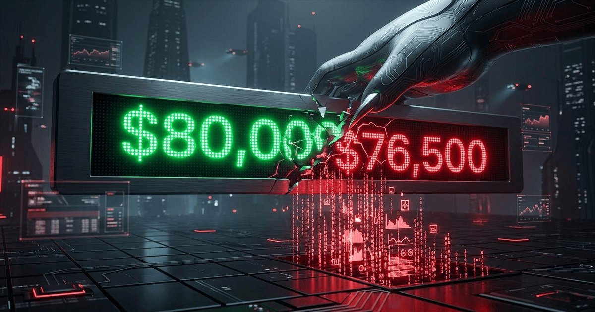 A 3D minimalist graphic of a digital bear claw slicing an 80,000 dollar neon price ticker into a red 76,500 dollar display with cascading red liquidation data streams.
