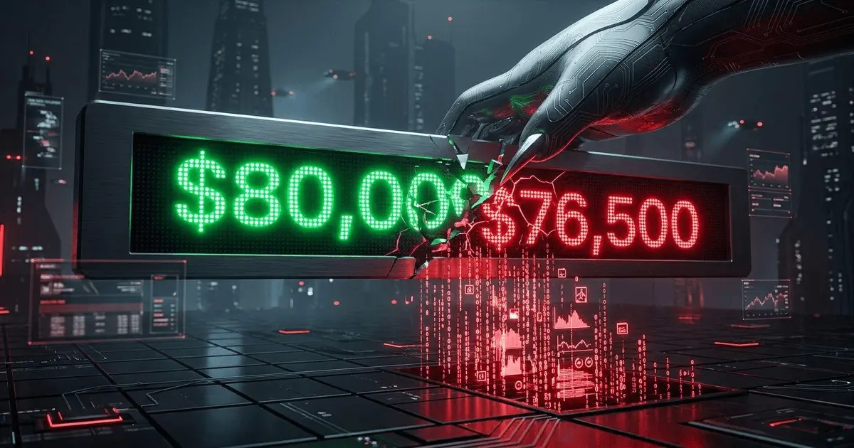 A 3D minimalist graphic of a digital bear claw slicing an 80,000 dollar neon price ticker into a red 76,500 dollar display with cascading red liquidation data streams.
