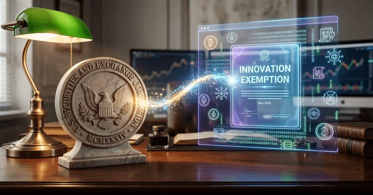 A conceptual representation of the US SEC seal next to a futuristic holographic interface showing the Innovation Exemption framework for tokenized assets.