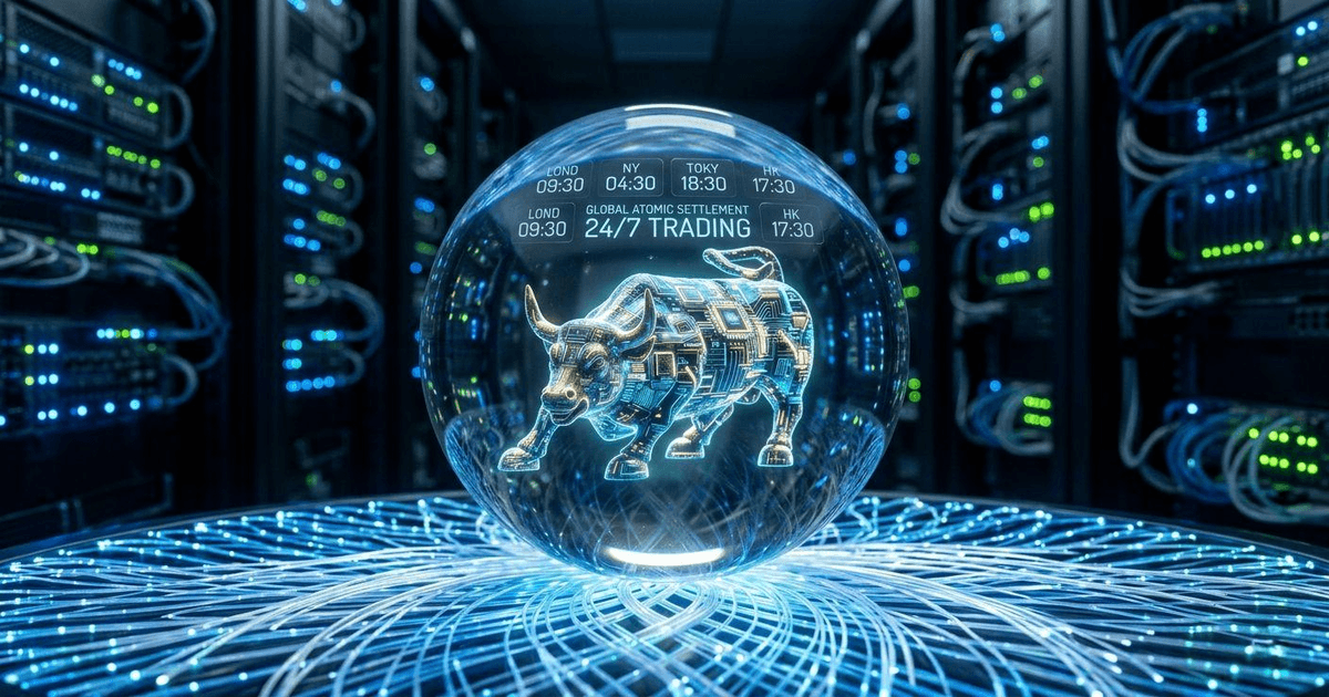 A macro photograph of a transparent digital node containing a glowing blockchain-circuit NYSE charging bull inside a modern data center server room.