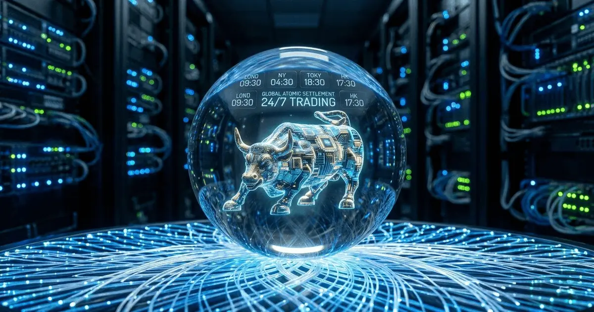 A macro photograph of a transparent digital node containing a glowing blockchain-circuit NYSE charging bull inside a modern data center server room.