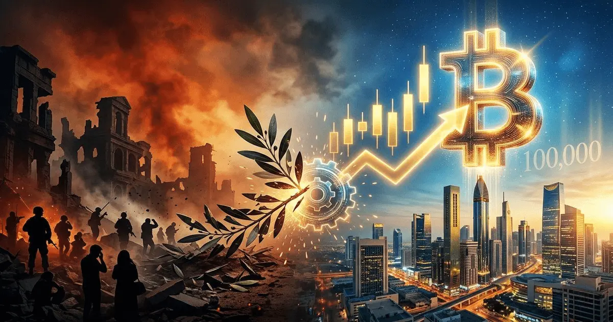 Bitcoin price chart transitioning from geopolitical tension to a golden 100k trend line.