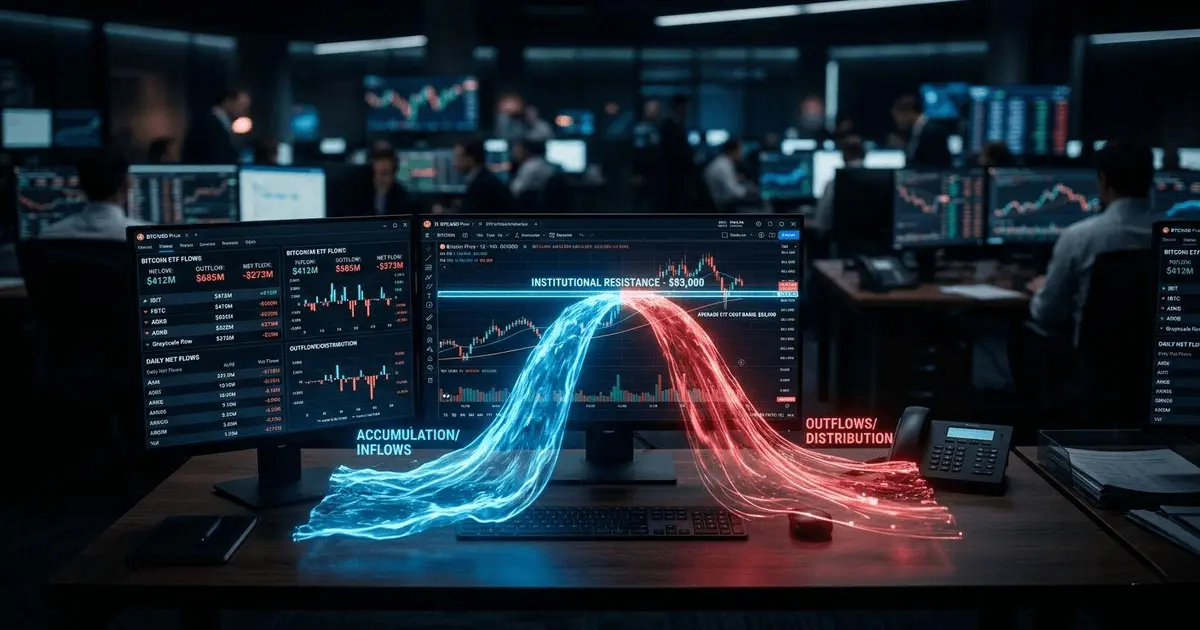 An institutional cryptocurrency trading terminal dashboard showing automated Bitcoin ETF inflows shifting to red distribution outflows.