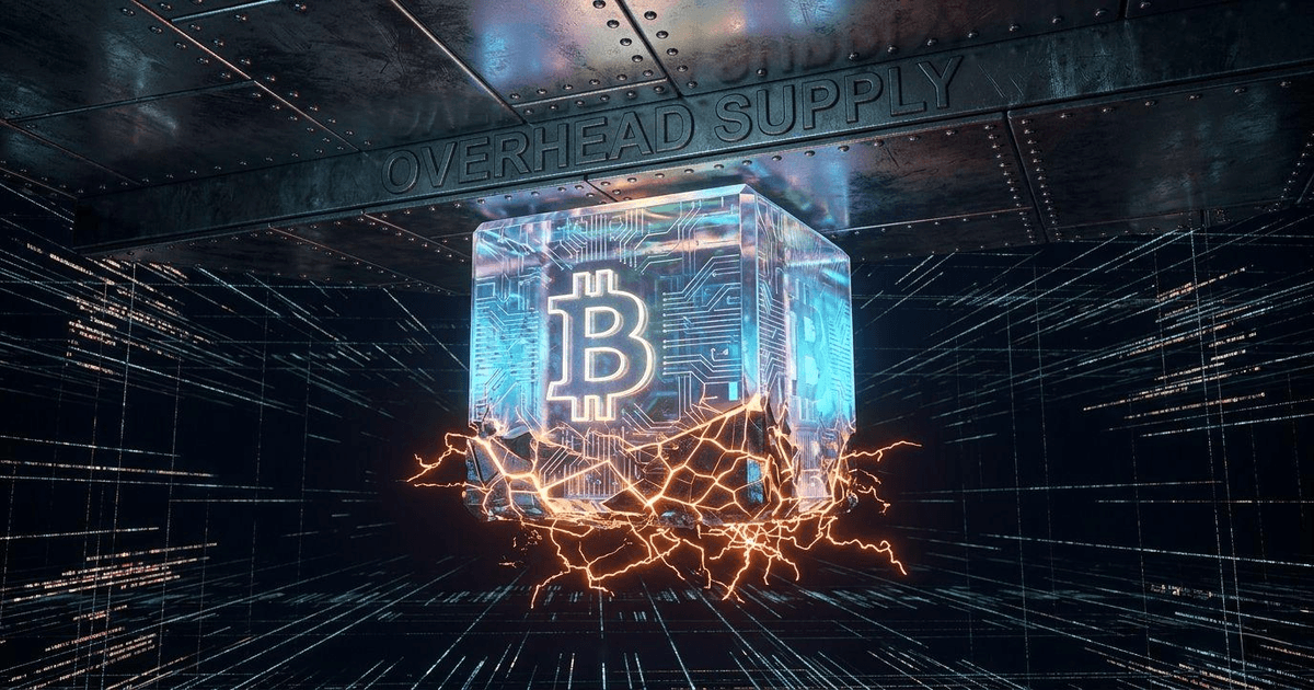 A conceptual 3D Bitcoin block cube pressed against an overhead supply ceiling with neon orange leverage liquidation lines.
