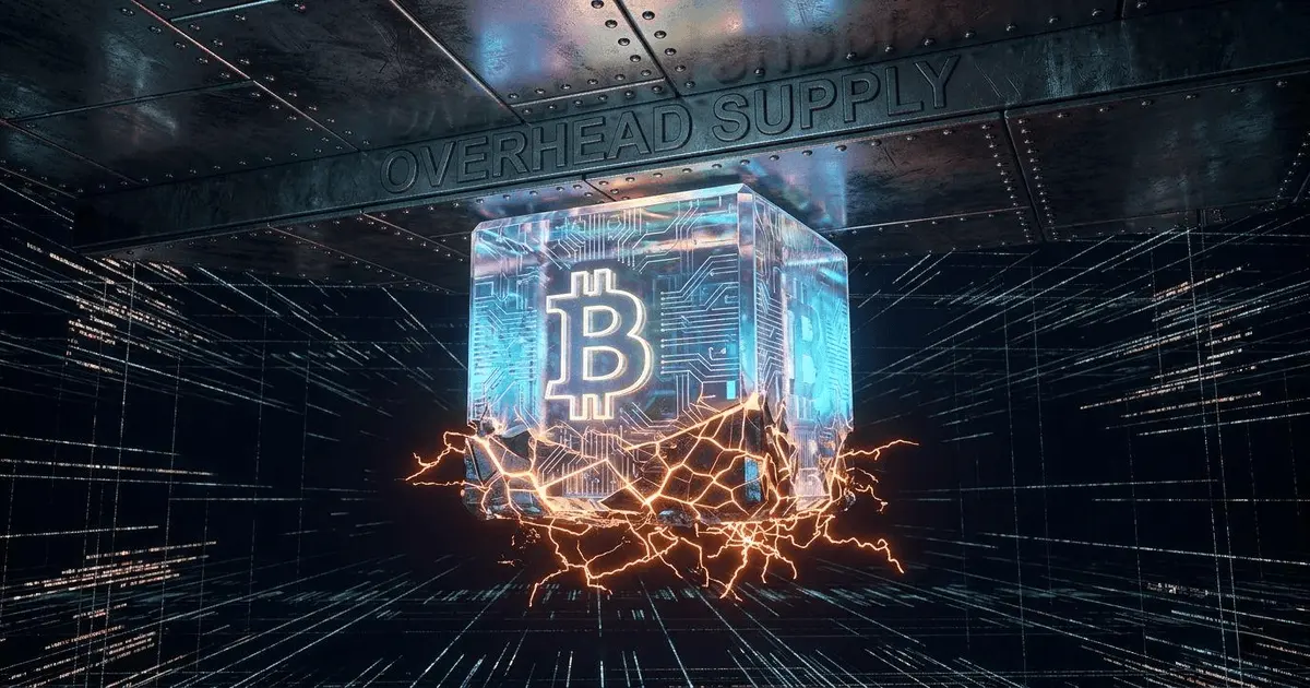 A conceptual 3D Bitcoin block cube pressed against an overhead supply ceiling with neon orange leverage liquidation lines.