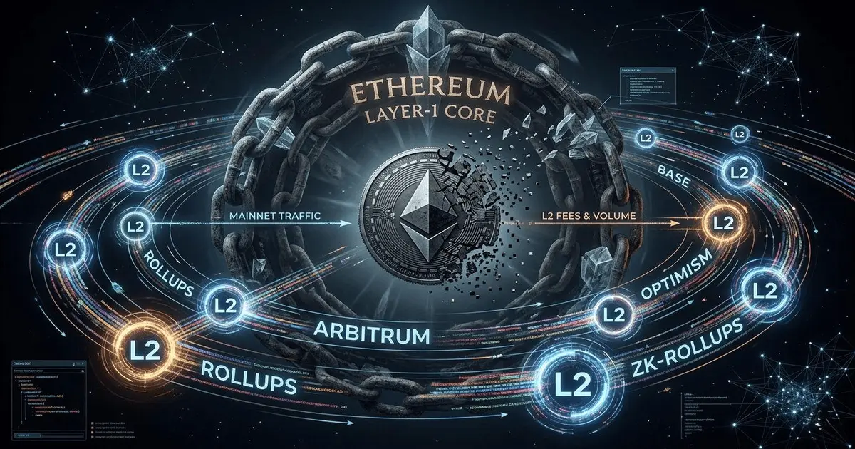 Conceptual 3D blockchain graphic visualizing the Ethereum Layer-1 core token crumbling into pixels while energetic Layer-2 rollup nodes like Arbitrum and Optimism consume network traffic