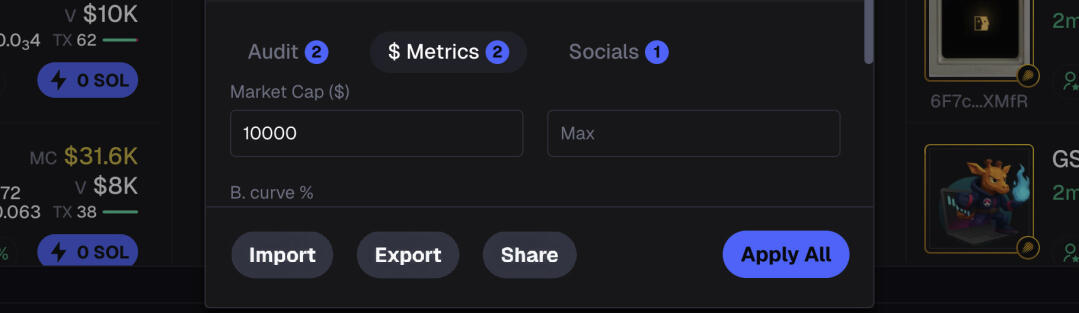 A focused view of Axiom’s Pulse filter panel. It shows the adjustable market cap field within the New Pairs column. Traders can set a minimum or maximum value to refine live token results. By filtering out low liquidity projects and focusing on less risky opportunities.