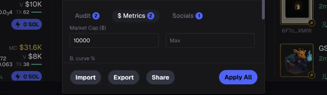 A focused view of Axiom’s Pulse filter panel. It shows the adjustable market cap field within the New Pairs column. Traders can set a minimum or maximum value to refine live token results. By filtering out low liquidity projects and focusing on less risky opportunities.