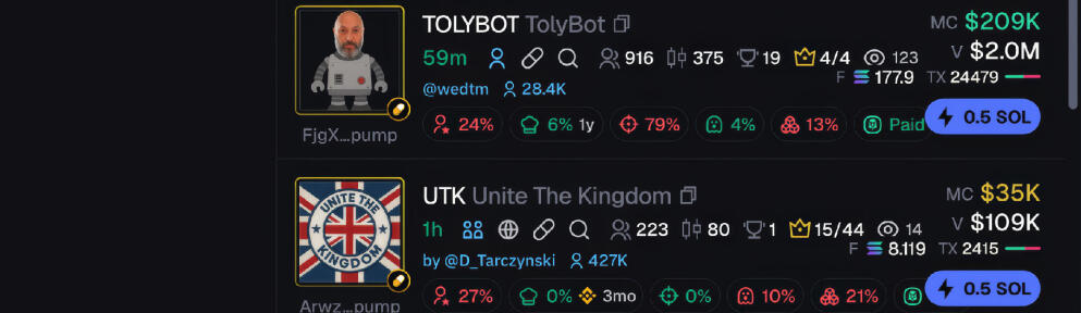 A close up of two active projects displayed on Axiom’s Pulse page. It shows side-by-side token metrics for deeper comparison. Each row includes developer holdings, top 10 wallet share, sniper ratio, insider ownership, bundle percentage and more. These are key indicators traders use to evaluate token distribution, assess manipulation risk and determine entry confidence.