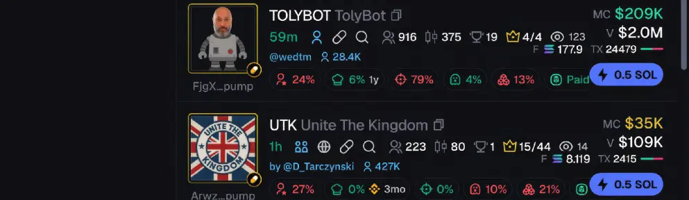 A close up of two active projects displayed on Axiom’s Pulse page. It shows side-by-side token metrics for deeper comparison. Each row includes developer holdings, top 10 wallet share, sniper ratio, insider ownership, bundle percentage and more. These are key indicators traders use to evaluate token distribution, assess manipulation risk and determine entry confidence.