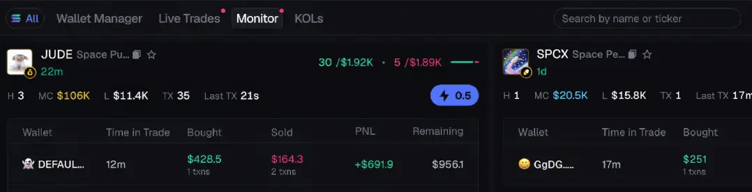 A view of Axiom’s Wallet Tracker page highlighting the Monitor section. It displays recent trades made by a tracked wallet. The interface shows real-time metrics such as entry amount, PnL and remaining balance. It gives traders instant insight. Plus, the ability to buy, mirror, or analyze wallet behavior before entering a position.